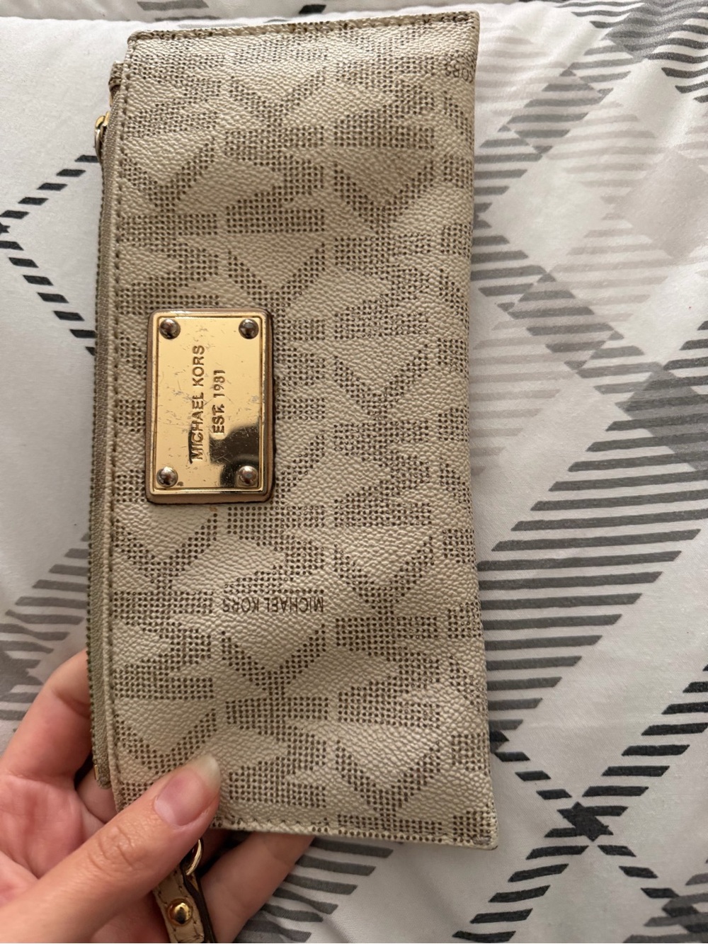 Michael Kors Beige and Gold Logo Wristlet